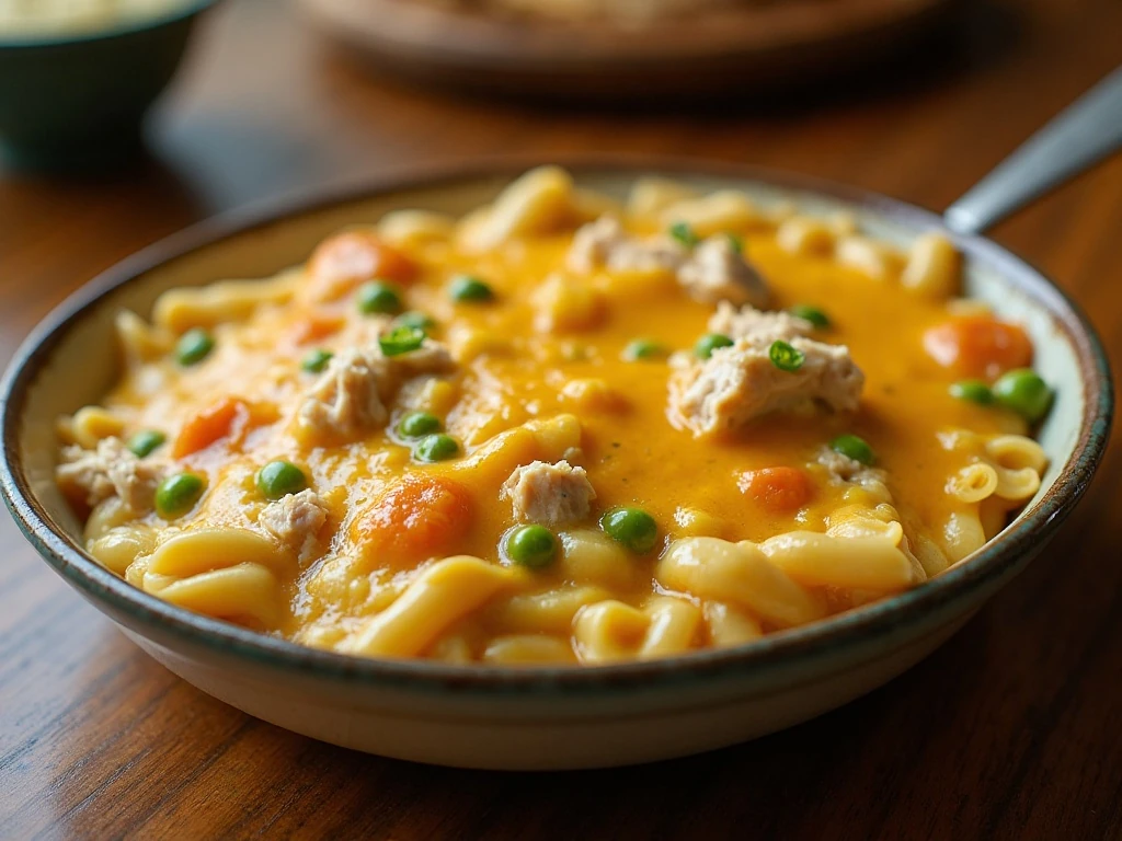 Creamy chicken casserole with egg noodles, peas, chicken, and melted cheddar