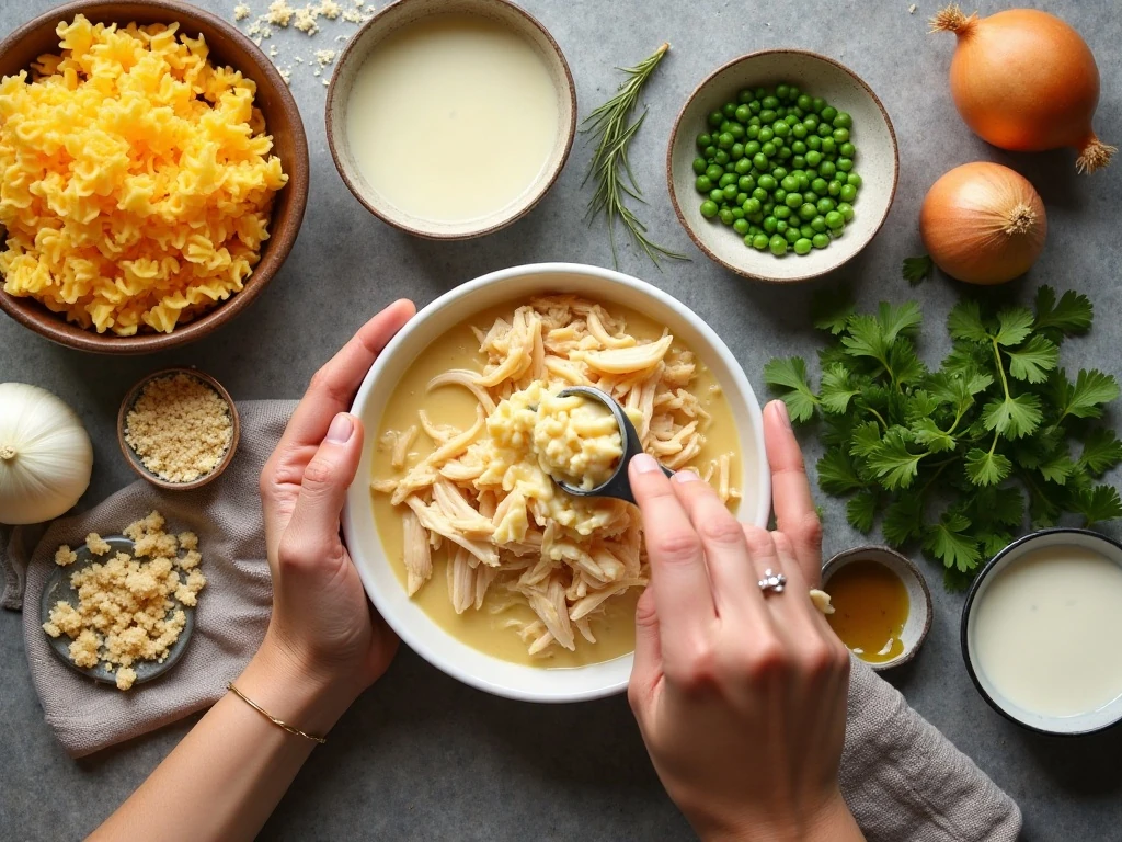 Ingredients for creamy chicken casserole arranged on a kitchen counter