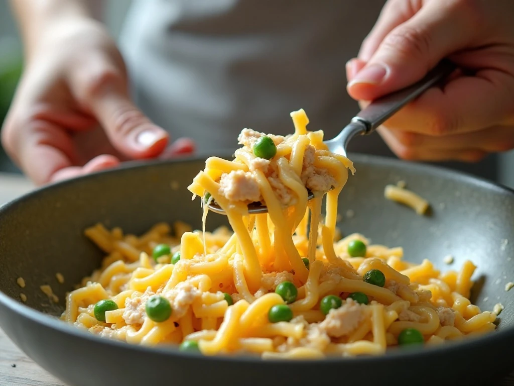 Mixing chicken, egg noodles, peas, cheese, and creamy sauce for casserole