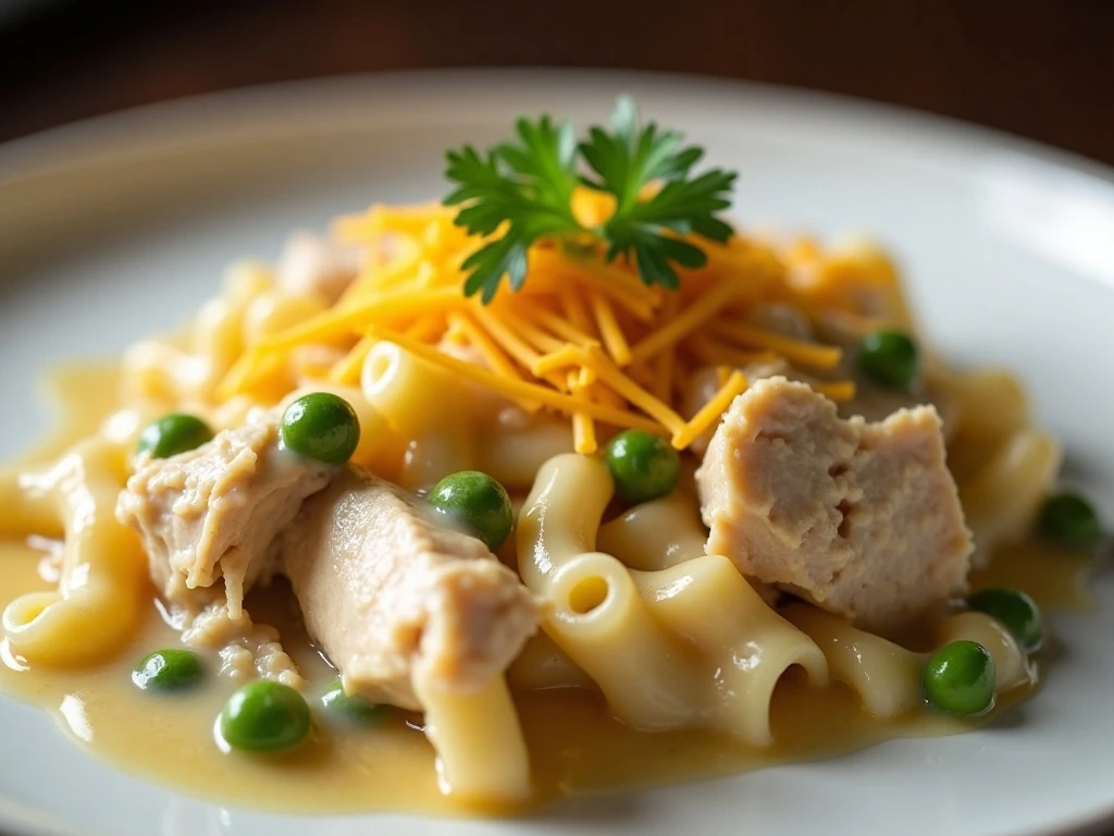 Reheated creamy chicken casserole portion with noodles and peas