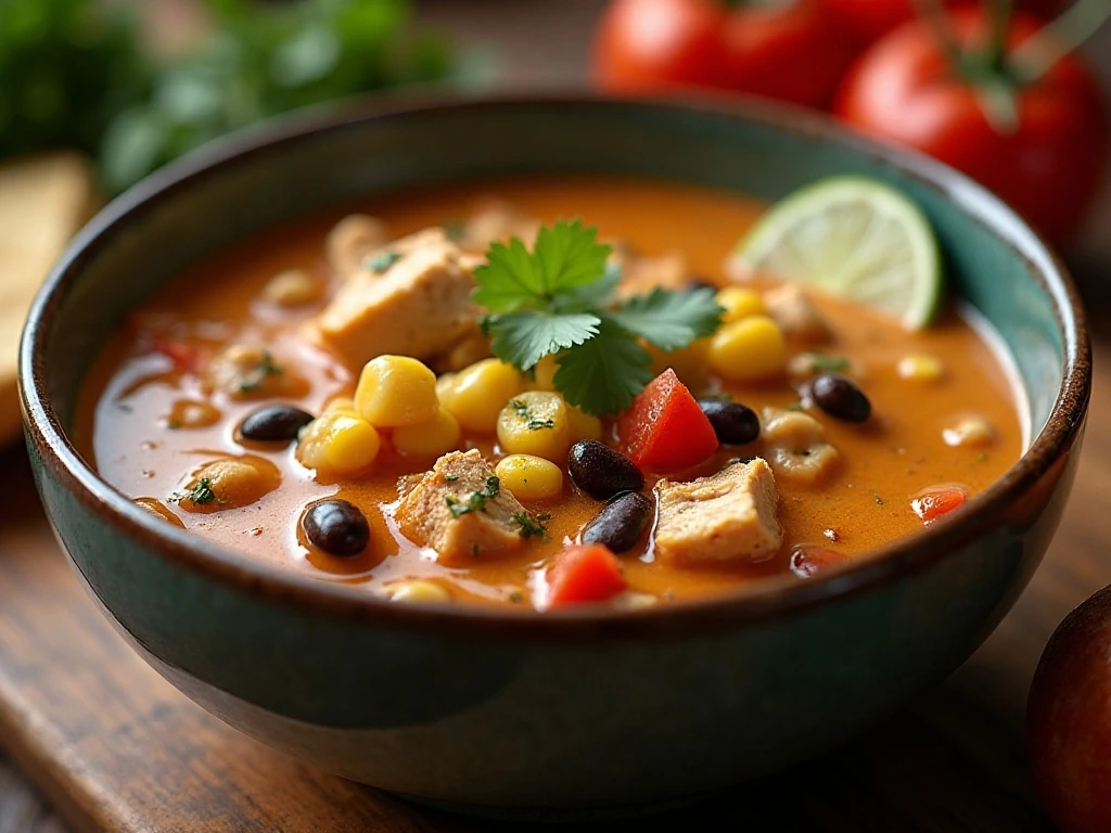 Bowl of creamy chicken fajita soup with colorful vegetables and tortilla strips