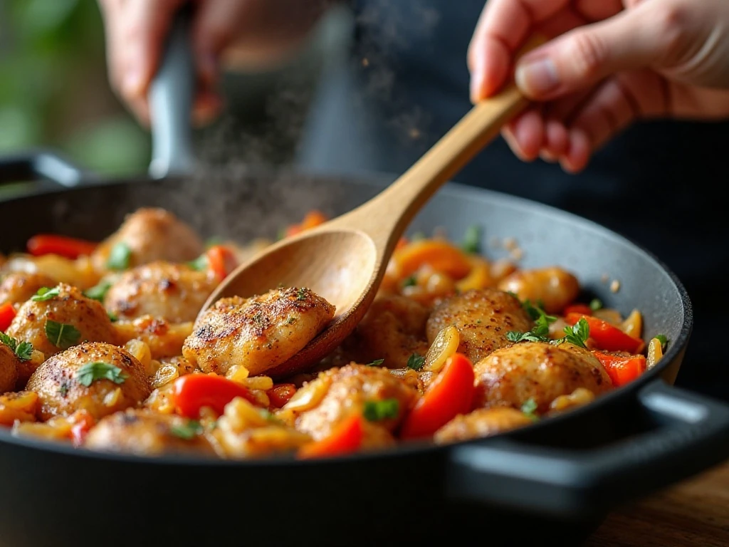 Chicken, peppers, onions, and fajita seasoning cooking in a soup pot