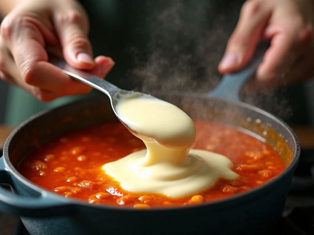 Cream cheese being whisked into chicken fajita soup for a smooth texture