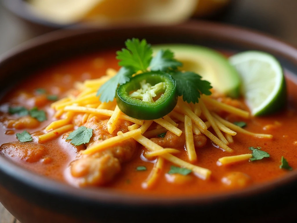 Garnished creamy chicken fajita soup ready to serve