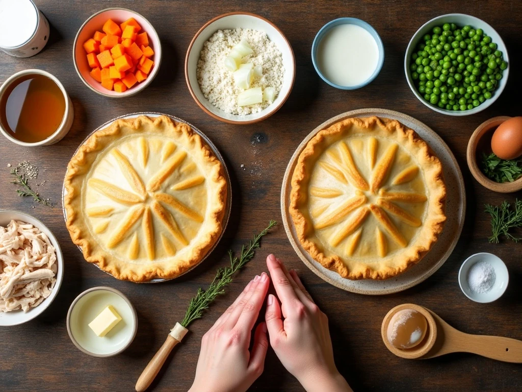 Ingredients for creamy chicken pot pie arranged on a kitchen counter