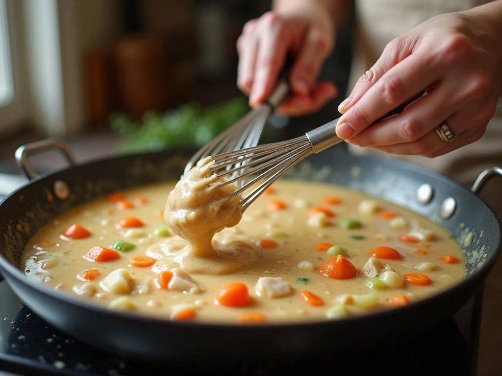 Whisking the creamy chicken pot pie filling in a skillet
