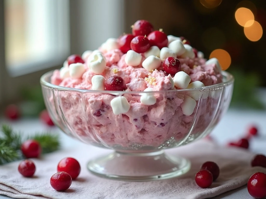 Fluffy creamy cranberry salad served in a glass bowl