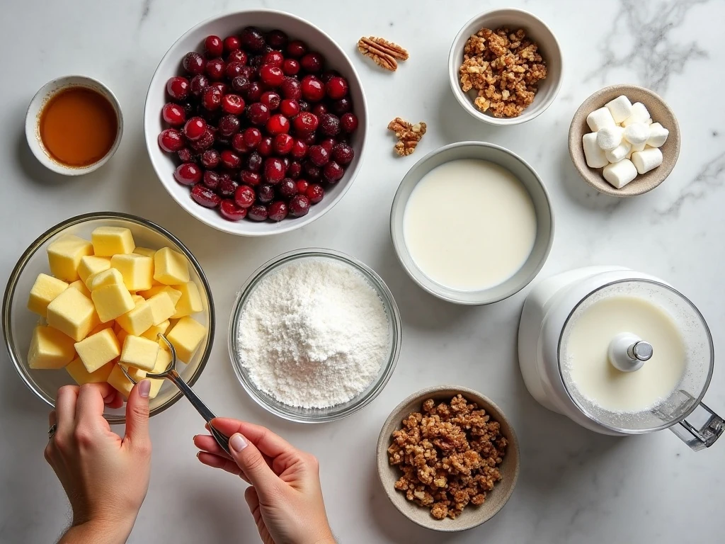 Ingredients for creamy cranberry salad arranged on a counter