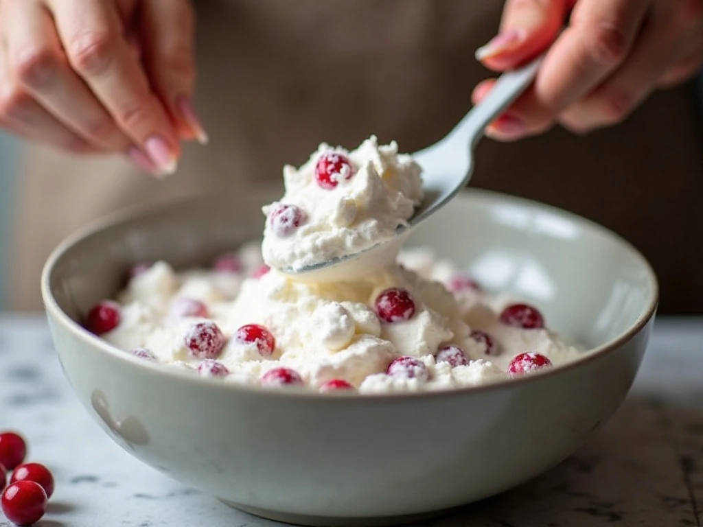 Gently folding whipped cream into cranberry salad