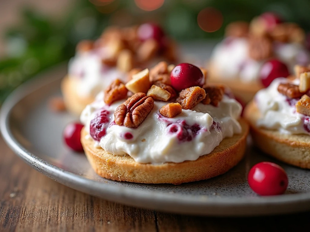 Individual serving of creamy cranberry salad with pecan garnish