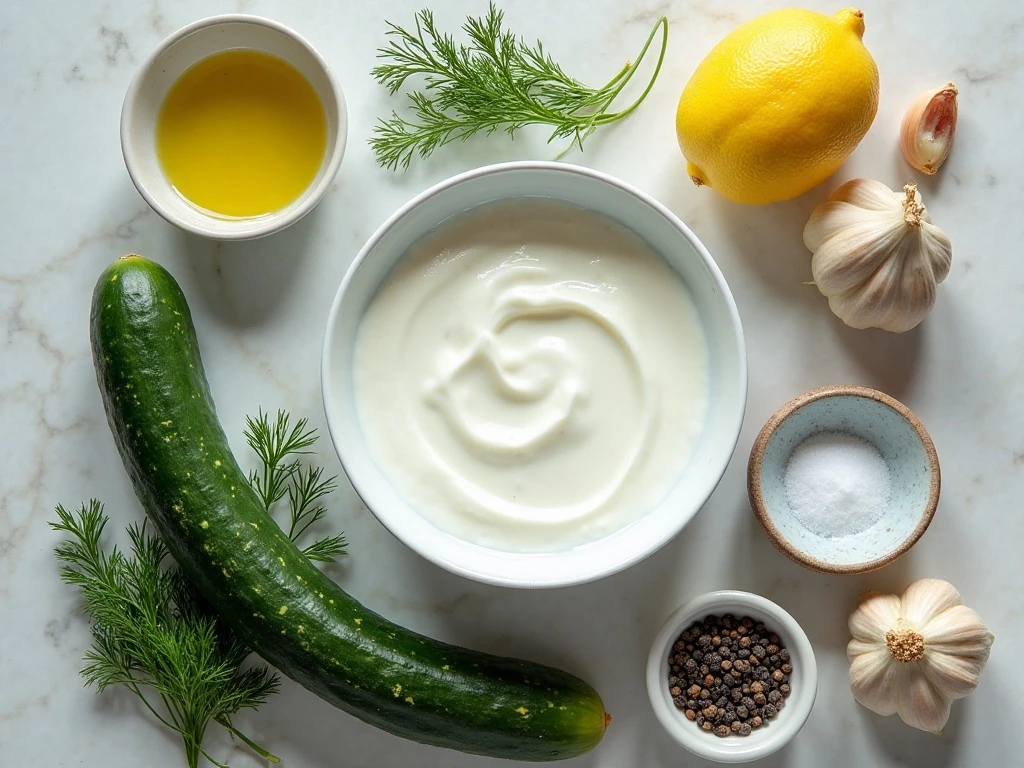 Ingredients for creamy cucumber dill sauce arranged on a kitchen counter