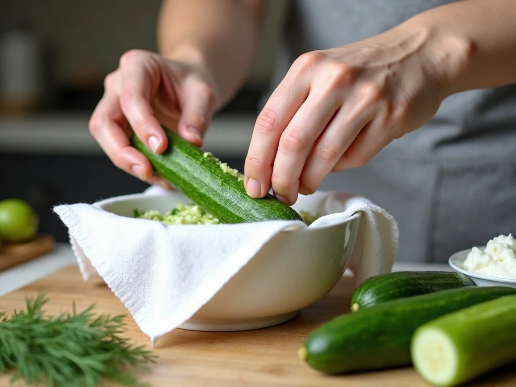 Squeezing grated cucumber dry before making cucumber dill sauce