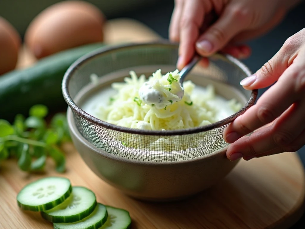 Drained cucumber and thick Greek yogurt for a creamy sauce