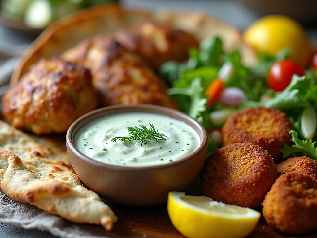 Cucumber dill sauce served with pita, grilled chicken, falafel, and vegetables
