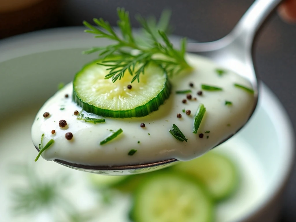Close-up of thick creamy cucumber dill sauce with fresh dill garnish