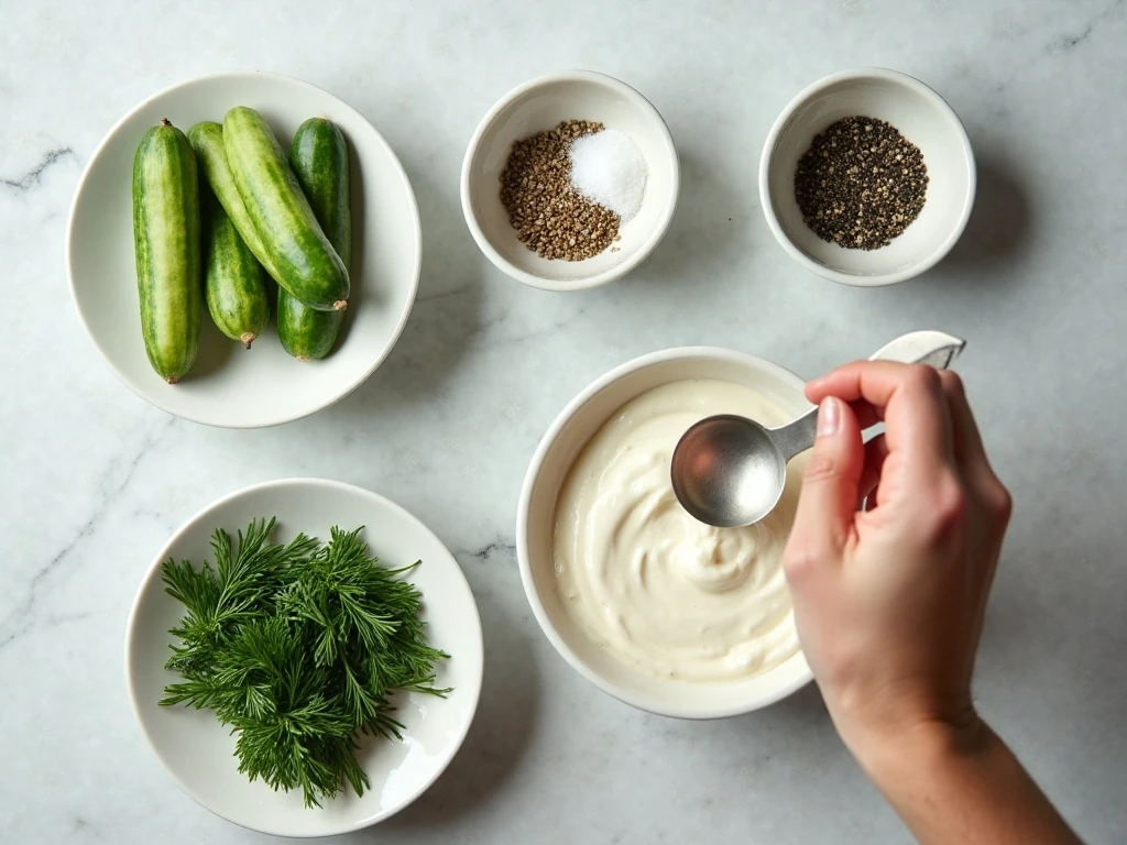 Ingredients for creamy cucumber salad arranged on a counter