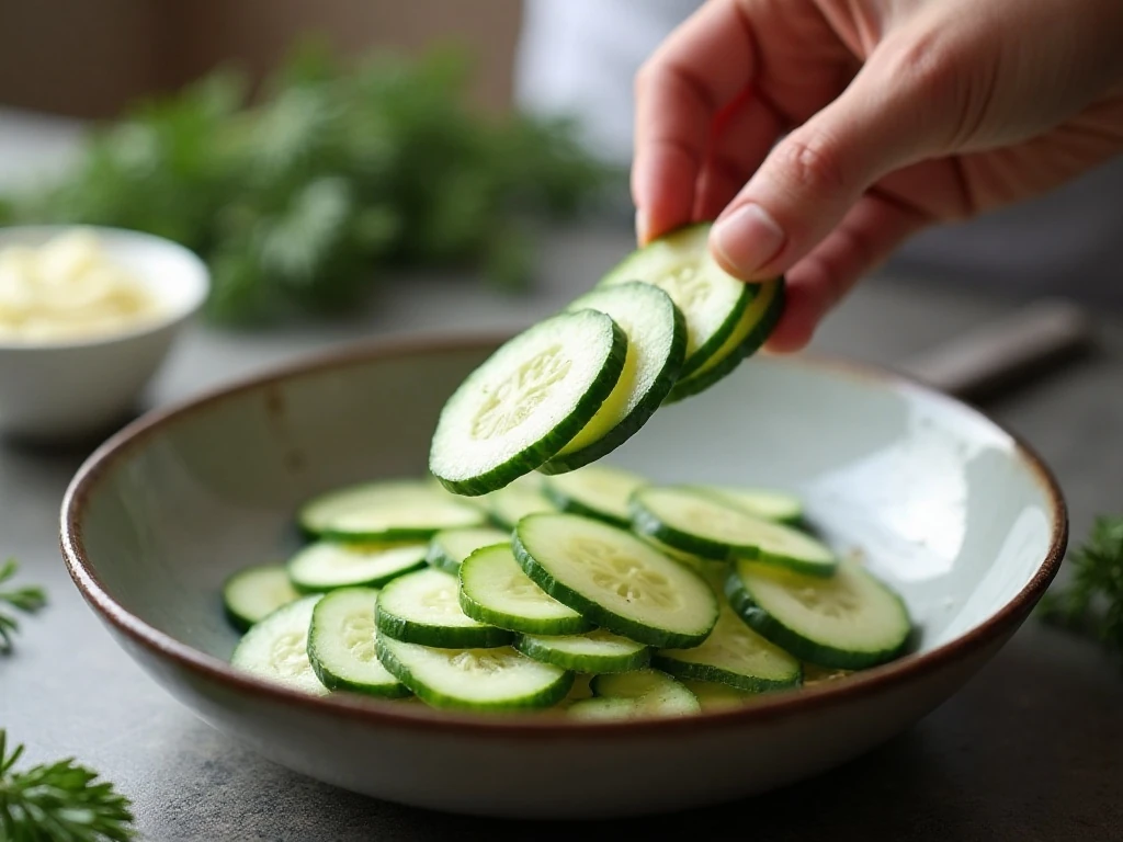 Draining salted cucumber slices for creamy cucumber salad