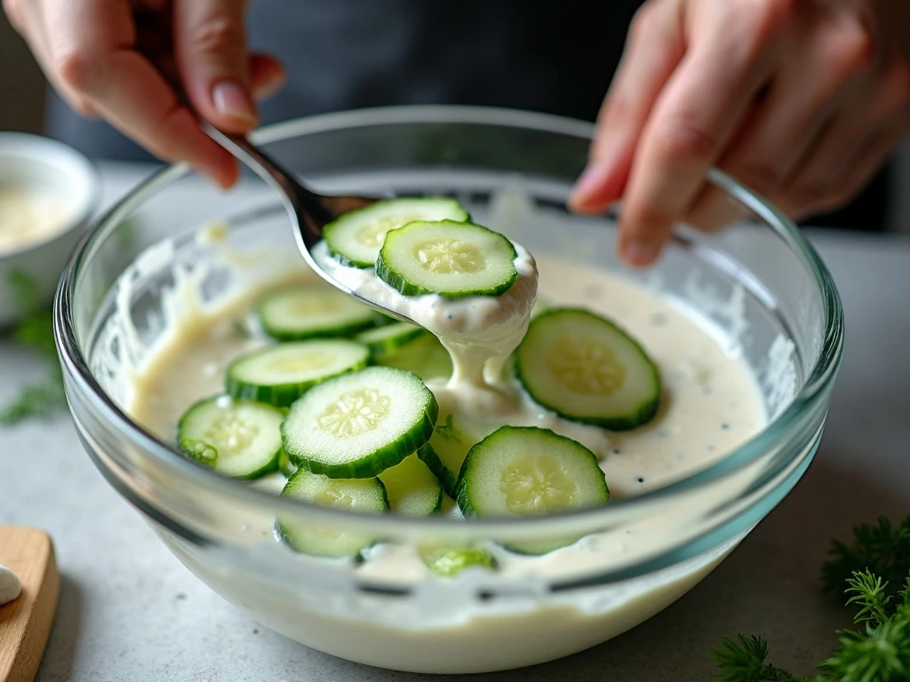 Gently mixing cucumbers and onions into creamy dill dressing