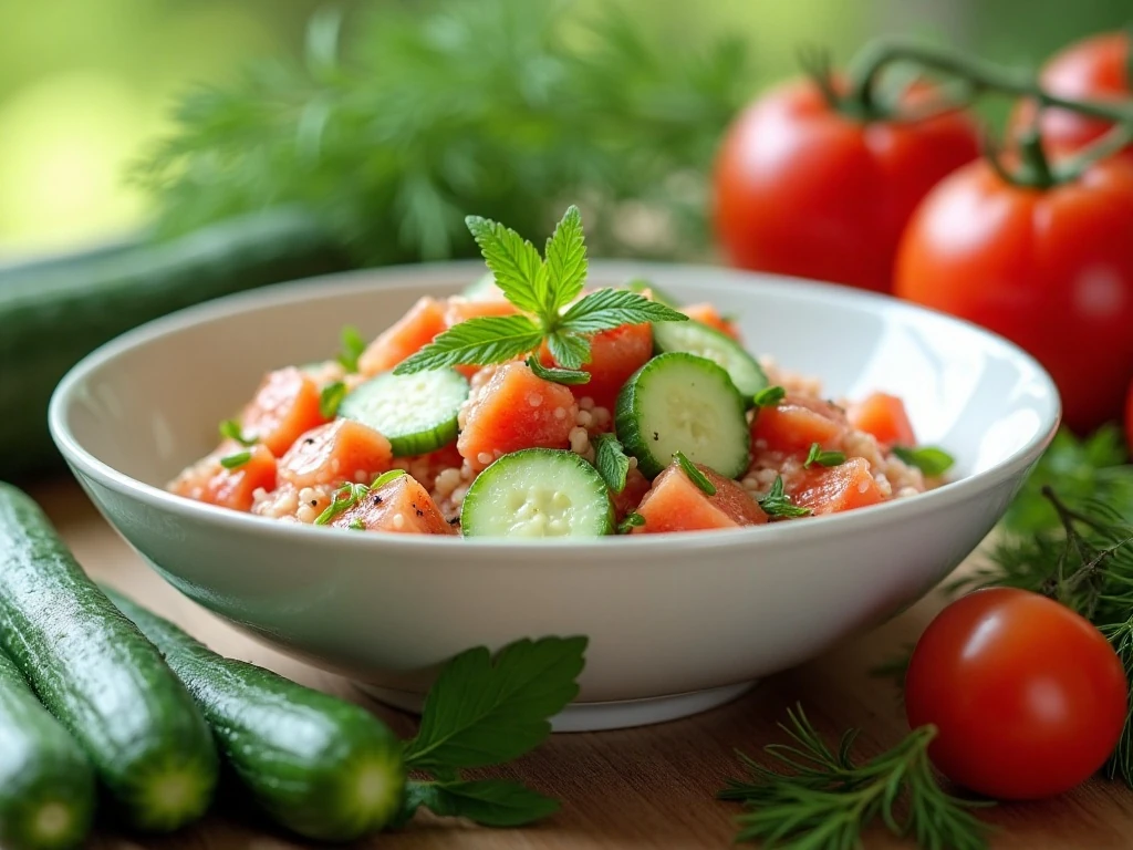 Creamy cucumber tomato salad served as a fresh summer side dish