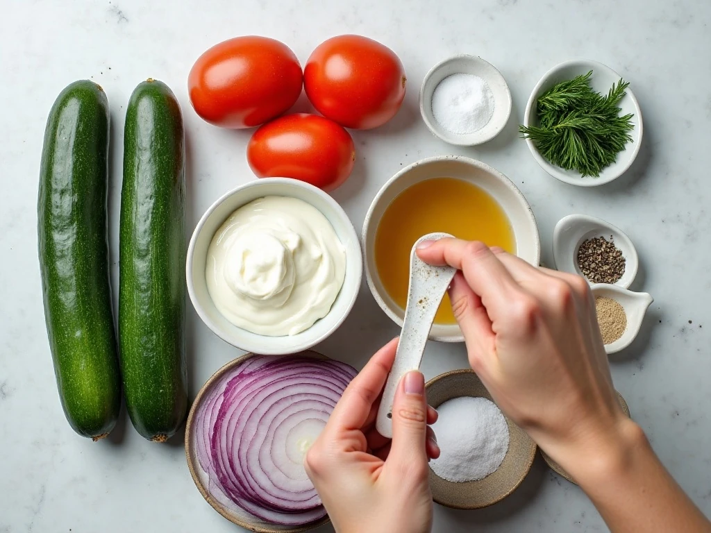 Ingredients for creamy cucumber tomato salad arranged for preparation