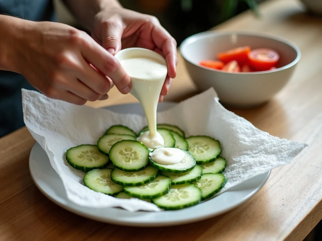 Cucumber slices draining before being added to creamy salad