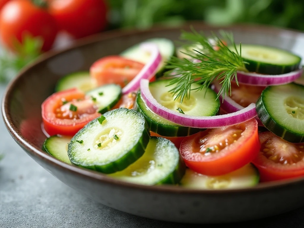 Close-up of creamy cucumber tomato salad with fresh dill garnish