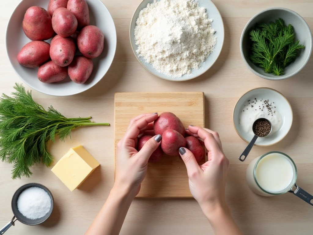 Ingredients for creamy dill potatoes arranged on a kitchen counter