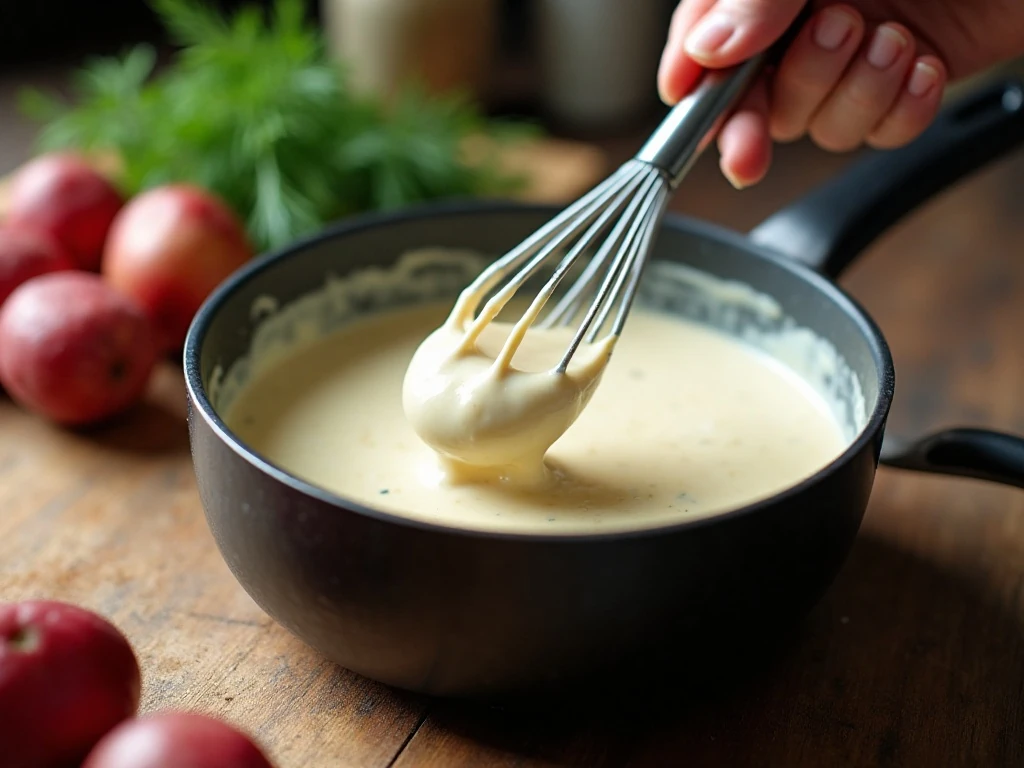 Cream sauce being whisked for creamy dill potatoes