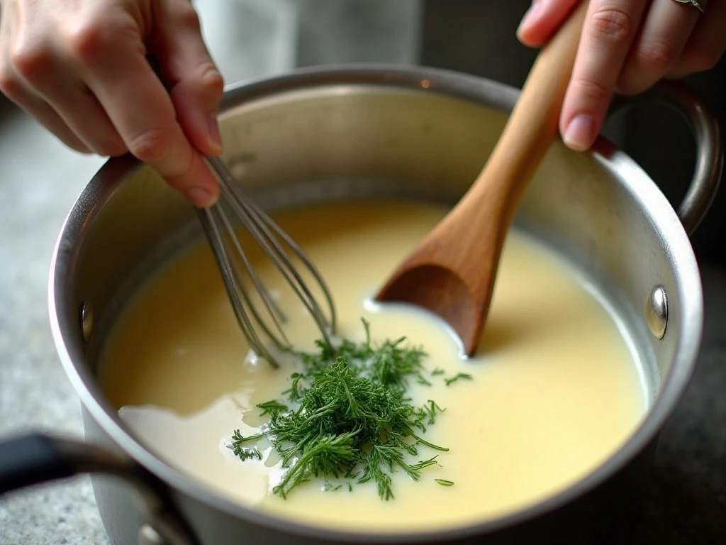 Fresh dill being added to a creamy potato sauce