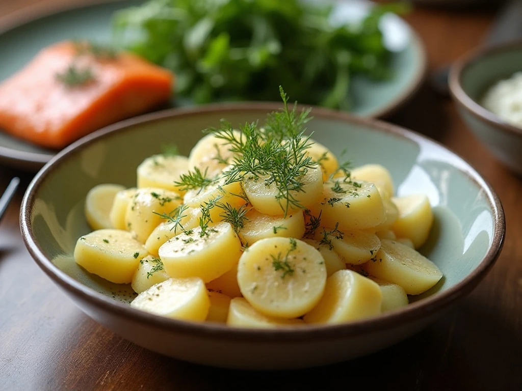 Creamy dill potatoes served with salmon and green vegetables