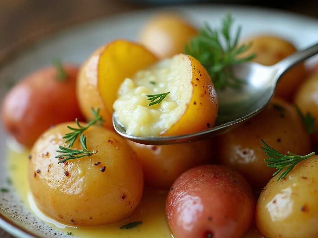 Close-up of tender creamy dill potatoes with fresh dill garnish