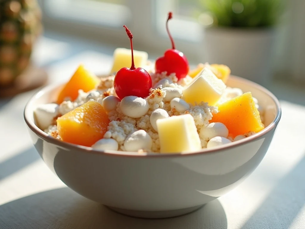 Creamy fruit salad with pineapple, mandarins, cherries, coconut, and marshmallows