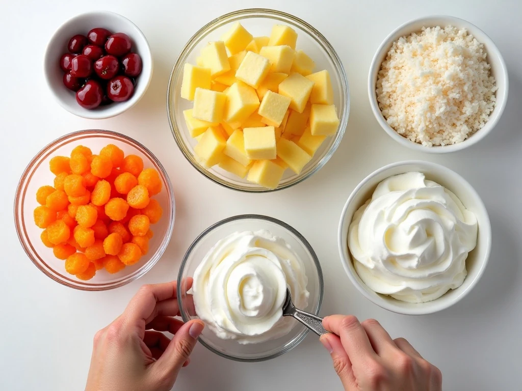 Ingredients for old-fashioned creamy fruit salad
