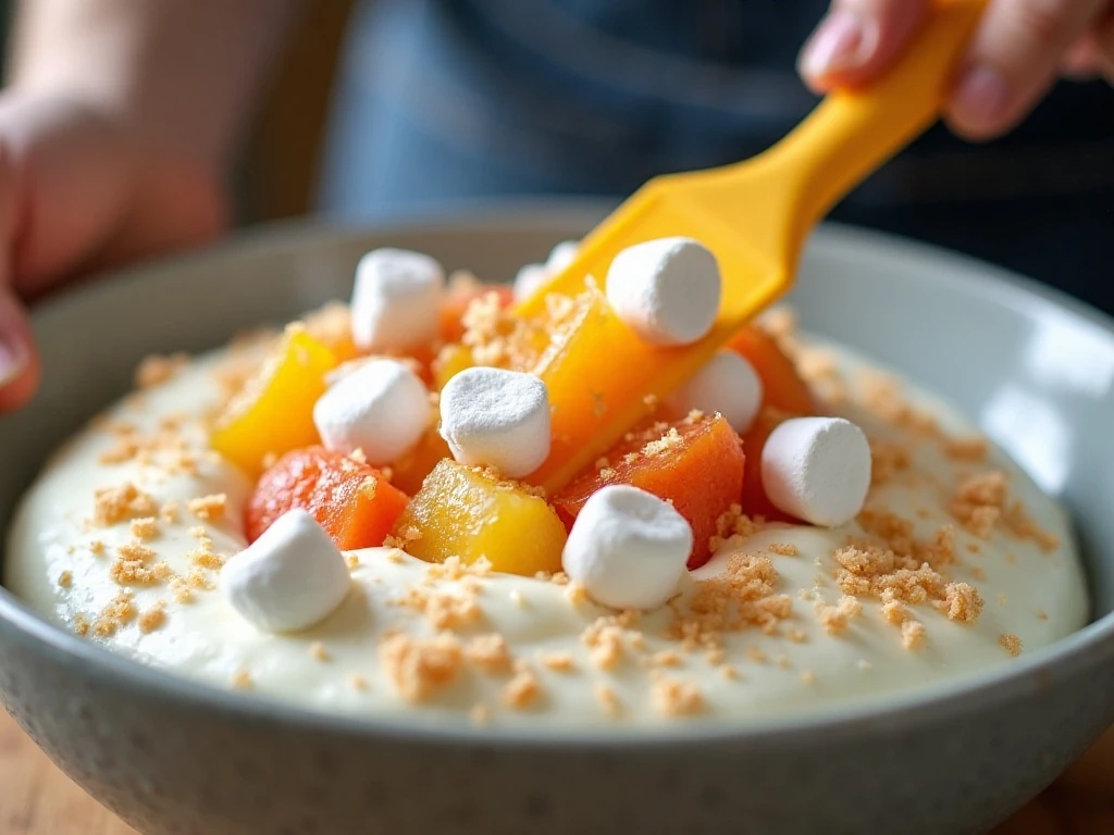Gently folding fruit into the creamy salad mixture
