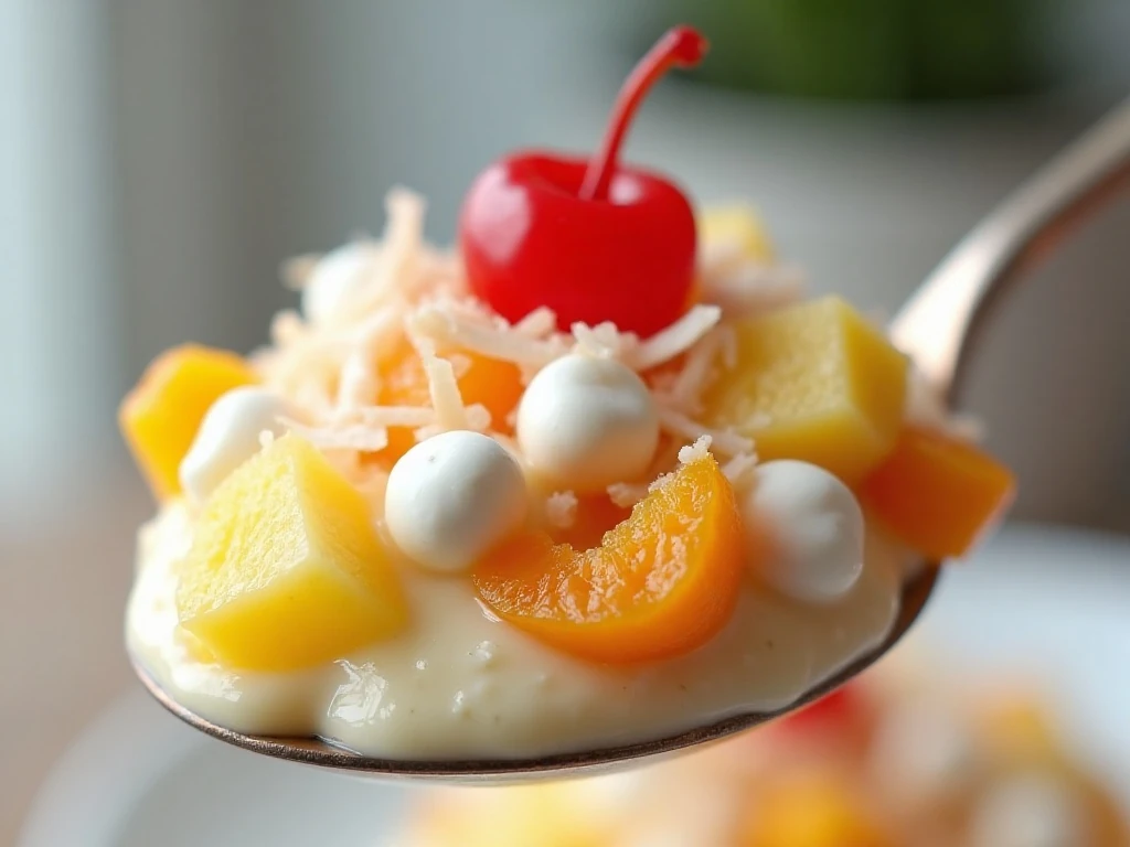 Close-up of creamy fruit salad texture and garnish