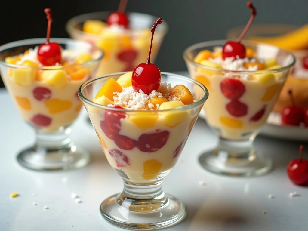 Creamy fruit salad served in individual glasses