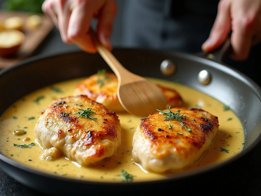 Chicken breasts searing in a skillet for creamy garlic butter chicken