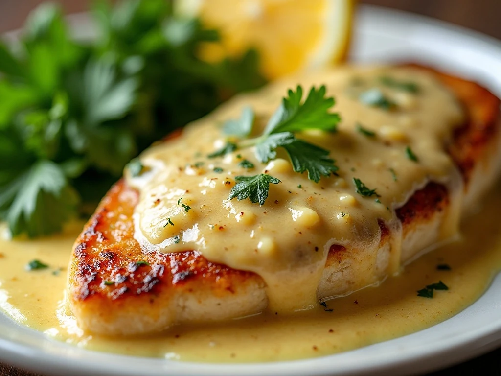 Parsley and lemon finishing creamy garlic butter chicken
