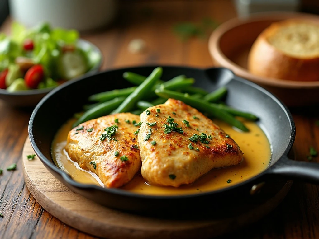 Complete dinner featuring creamy garlic butter chicken with side dishes