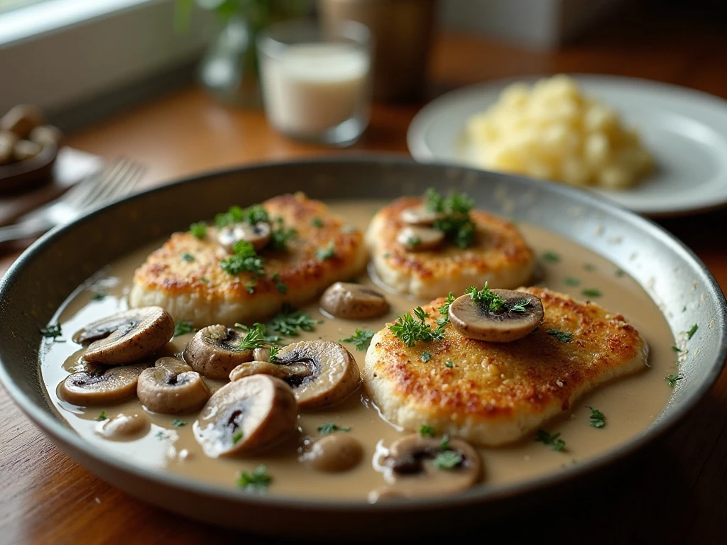 Creamy garlic mushroom chicken served in a skillet with Parmesan sauce