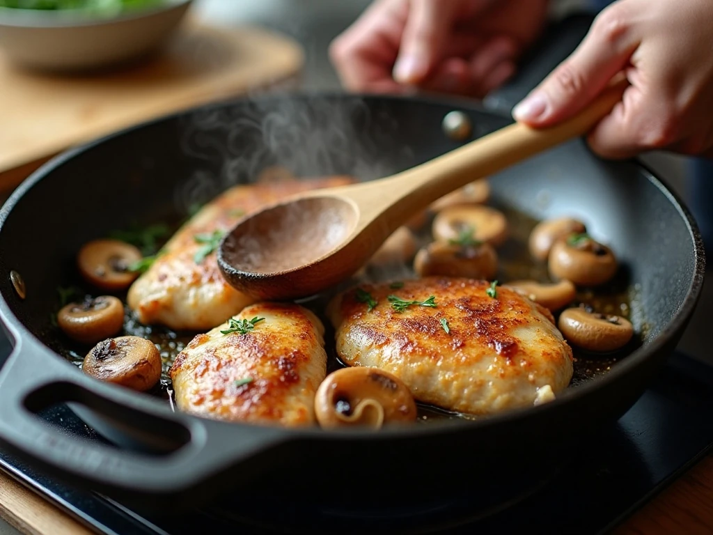 Chicken and mushrooms cooking in a skillet for creamy garlic chicken
