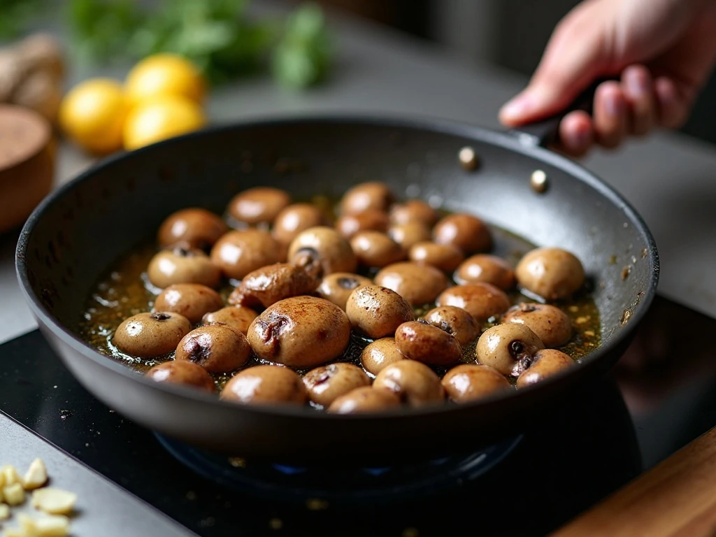 Mushrooms browning in a single layer for creamy chicken sauce