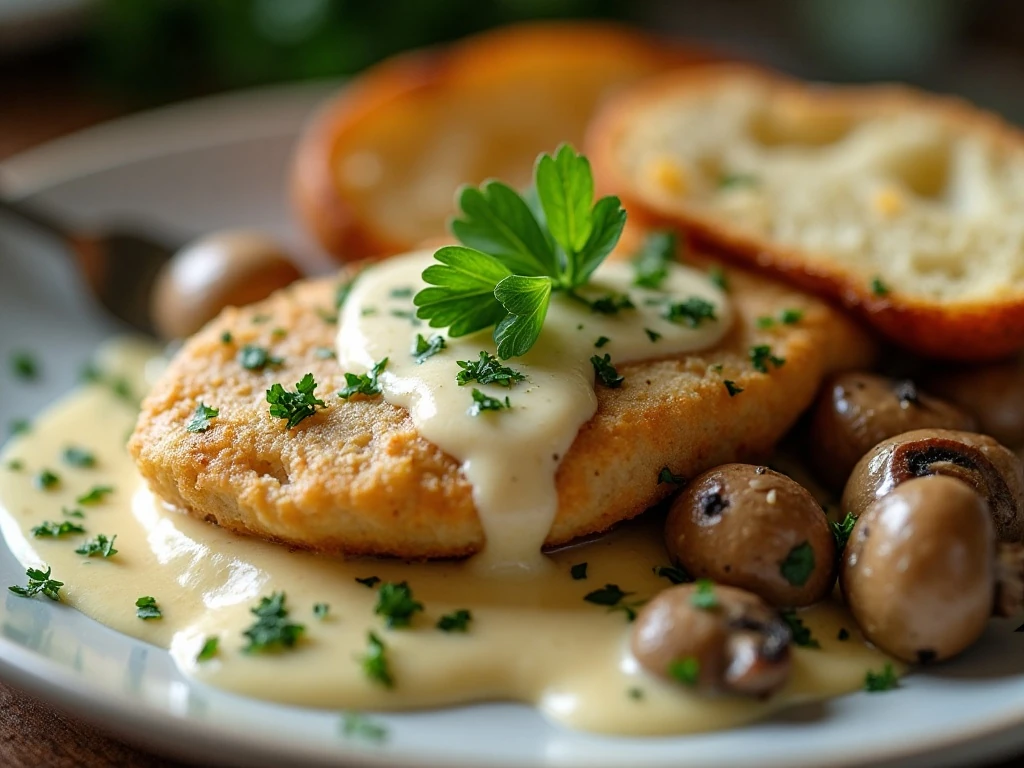 Parsley-garnished creamy garlic mushroom chicken with mushroom sauce