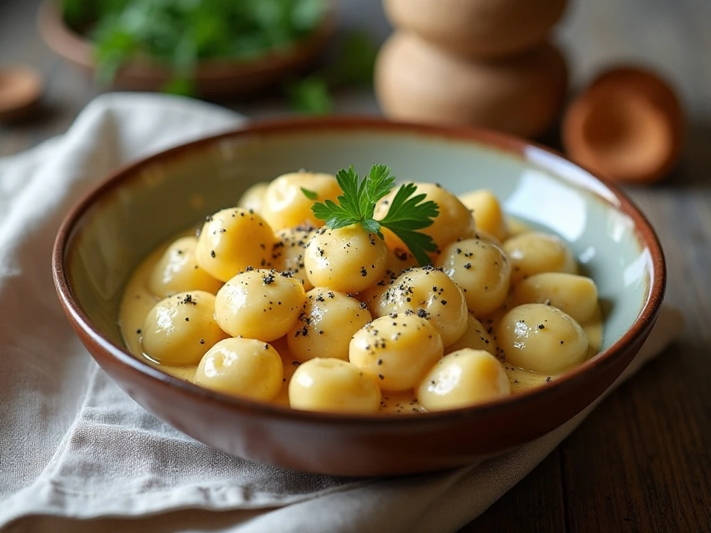 Creamy garlic Parmesan gnocchi served in a bowl with parsley