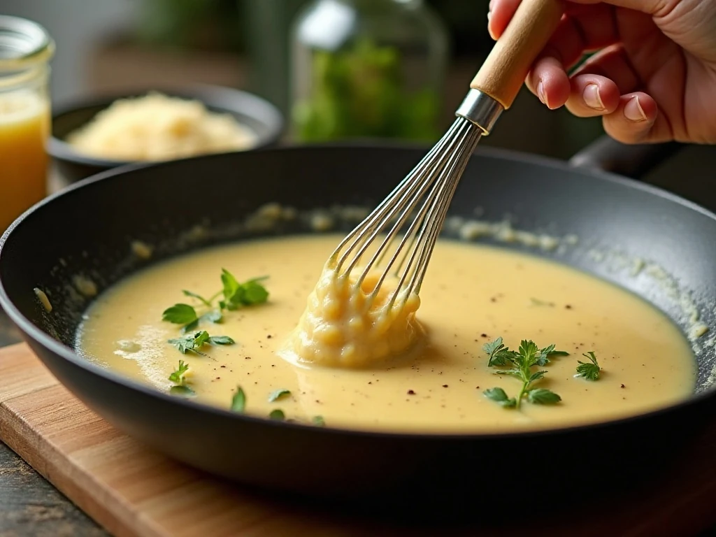 Whisking the creamy garlic sauce for gnocchi