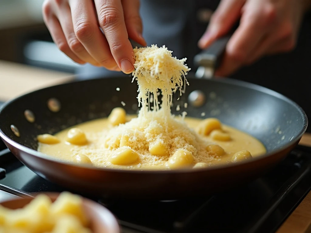 Stirring Parmesan into creamy gnocchi sauce
