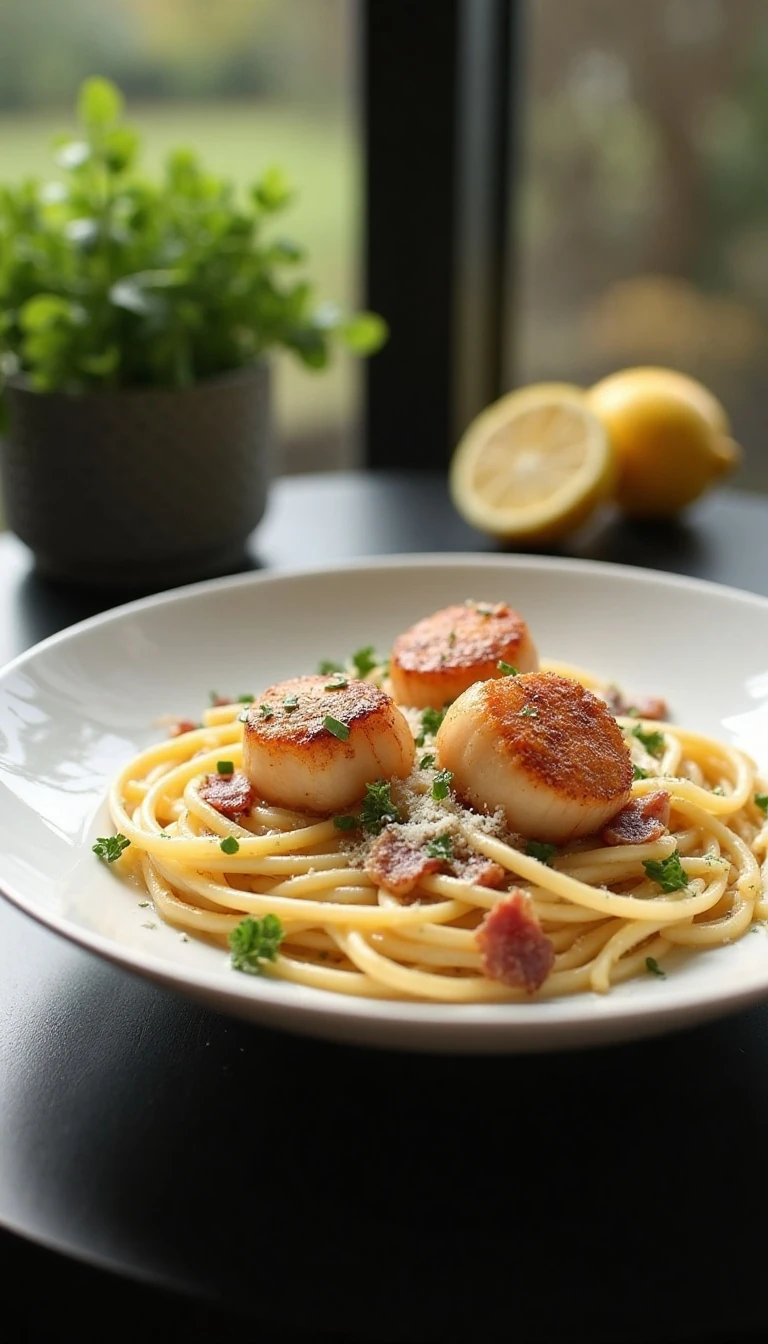 Creamy Garlic Scallop Spaghetti with Bacon Recipe