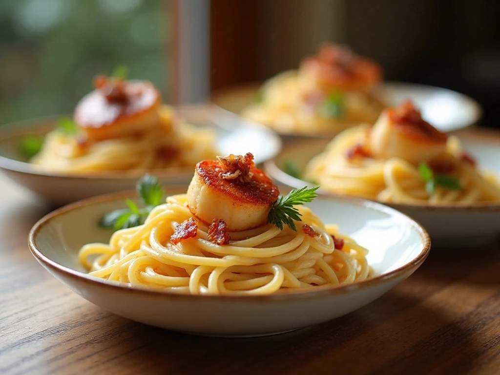 Creamy garlic scallop spaghetti with bacon served in bowls