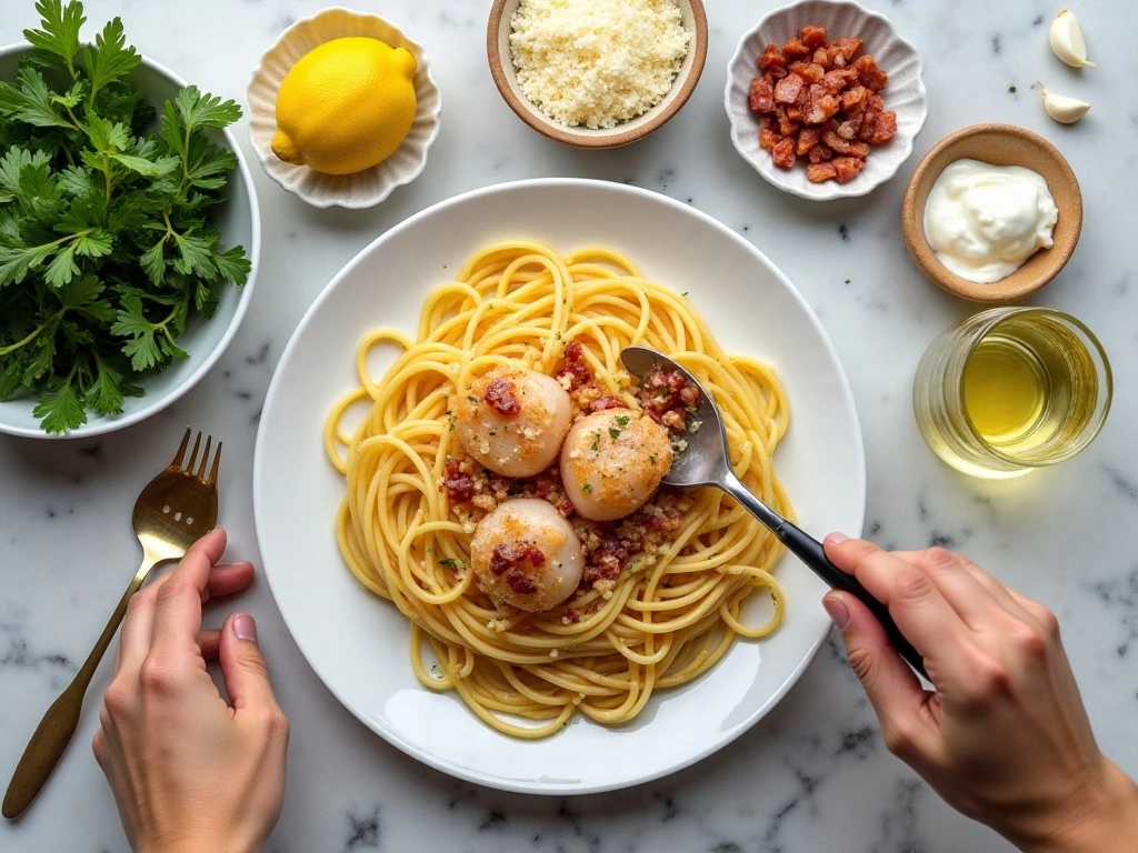 Ingredients for creamy garlic scallop spaghetti with bacon