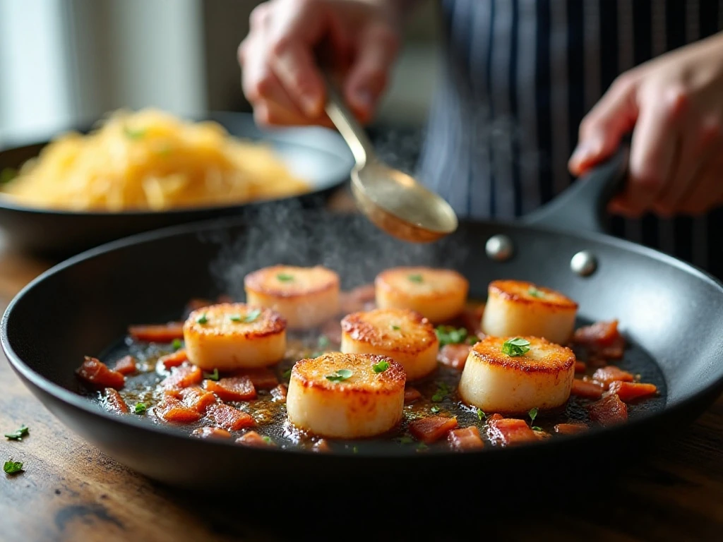 Sea scallops searing in a skillet for creamy pasta